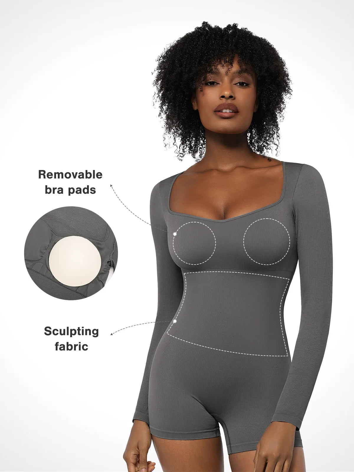 Popilush® Sculpting Seamless Shorts Jumpsuit Winter Built-In Bra Shapewear Long Sleeve Sweetheart Neckline Romper