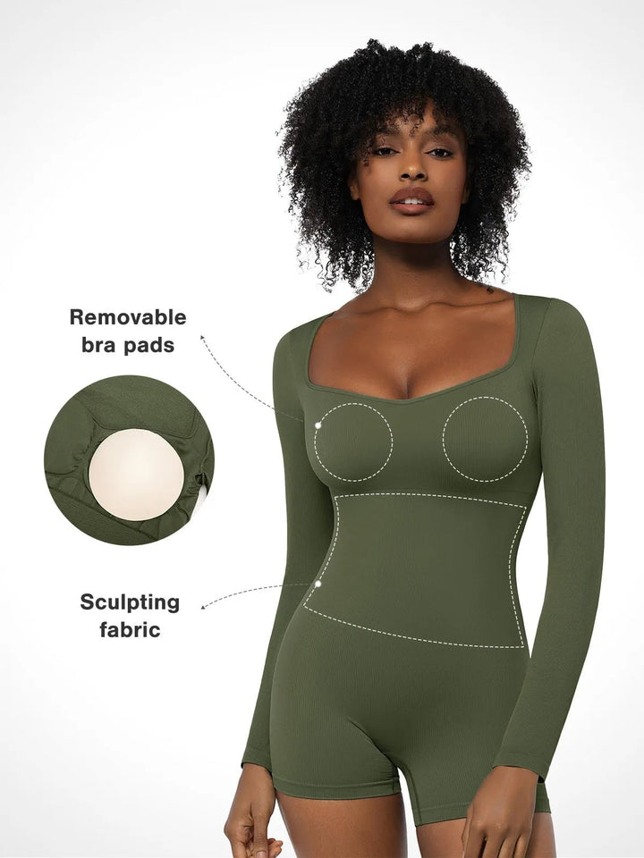 Popilush® Sculpting Seamless Shorts Jumpsuit Winter Built-In Bra Shapewear Long Sleeve Sweetheart Neckline Romper