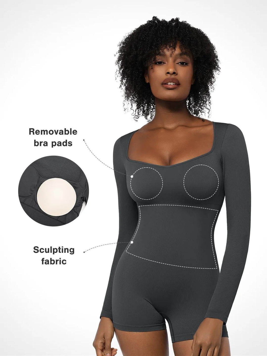 Popilush® Sculpting Seamless Shorts Jumpsuit Winter Built-In Bra Shapewear Long Sleeve Sweetheart Neckline Romper