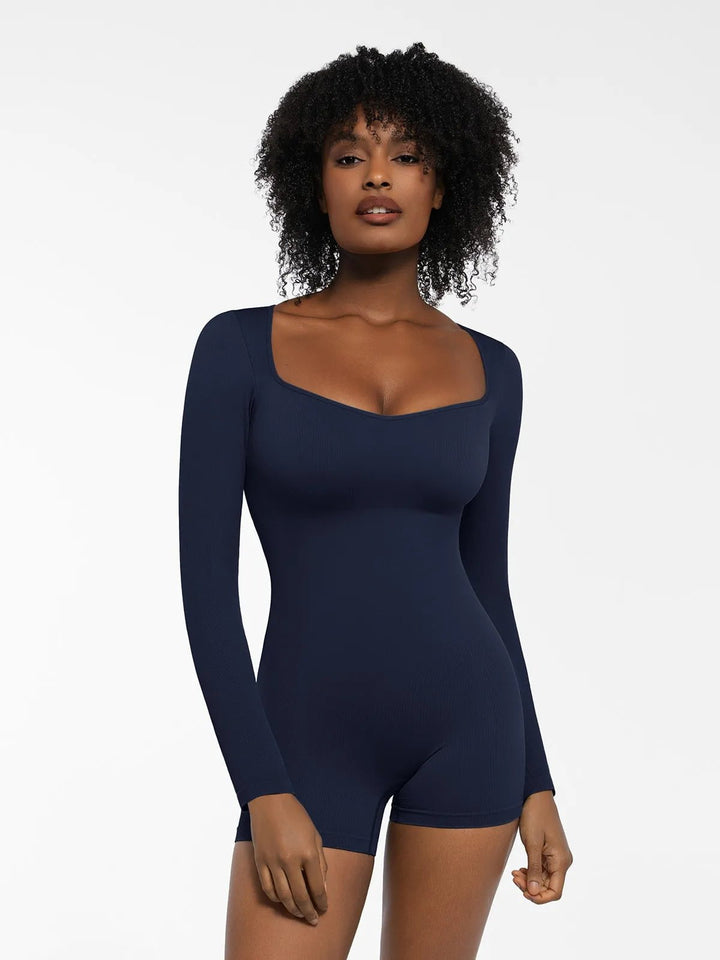 Popilush® Sculpting Seamless Shorts Jumpsuit Winter Built-In Bra Blue / XS Shapewear Long Sleeve Sweetheart Neckline Romper