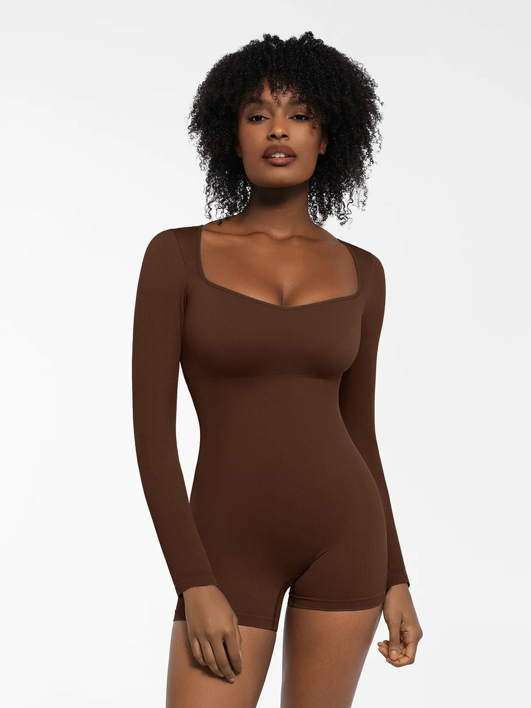 Popilush® Sculpting Seamless Shorts Jumpsuit Winter Built-In Bra Brown / XS Shapewear Long Sleeve Sweetheart Neckline Romper