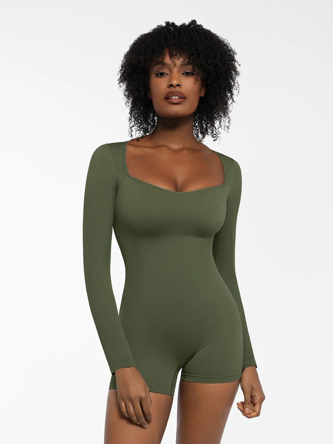 Popilush® Sculpting Seamless Shorts Jumpsuit Winter Built-In Bra Green / XS Shapewear Long Sleeve Sweetheart Neckline Romper