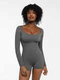 Popilush® Sculpting Seamless Shorts Jumpsuit Winter Built-In Bra Grey / XS Shapewear Long Sleeve Sweetheart Neckline Romper