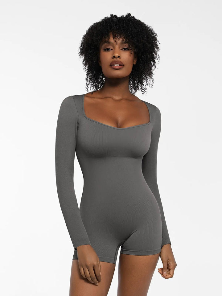 Popilush® Sculpting Seamless Shorts Jumpsuit Winter Built-In Bra Grey / XS Shapewear Long Sleeve Sweetheart Neckline Romper