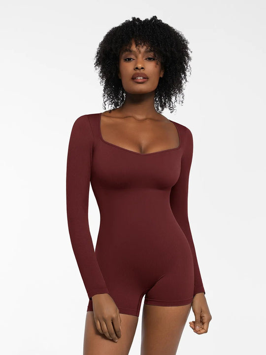 Popilush® Sculpting Seamless Shorts Jumpsuit Winter Built-In Bra Red / XS Shapewear Long Sleeve Sweetheart Neckline Romper