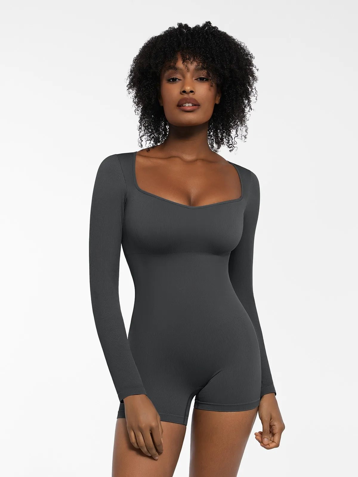 Popilush® Sculpting Seamless Shorts Jumpsuit Winter Built-In Bra Slate Gray / XS Shapewear Long Sleeve Sweetheart Neckline Romper