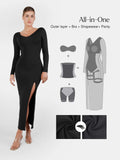 Popilush® Formal Bodycon Party Winter Dress Shapewear Long Sleeve V-Neck Low Back Slimming Maxi Dress