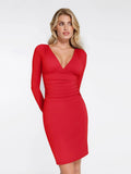 Popilush® Sculpting Formal Party Cocktail Gown Winter Shapewear Long Sleeve V-Neck Ruched Bodycon Midi Dress