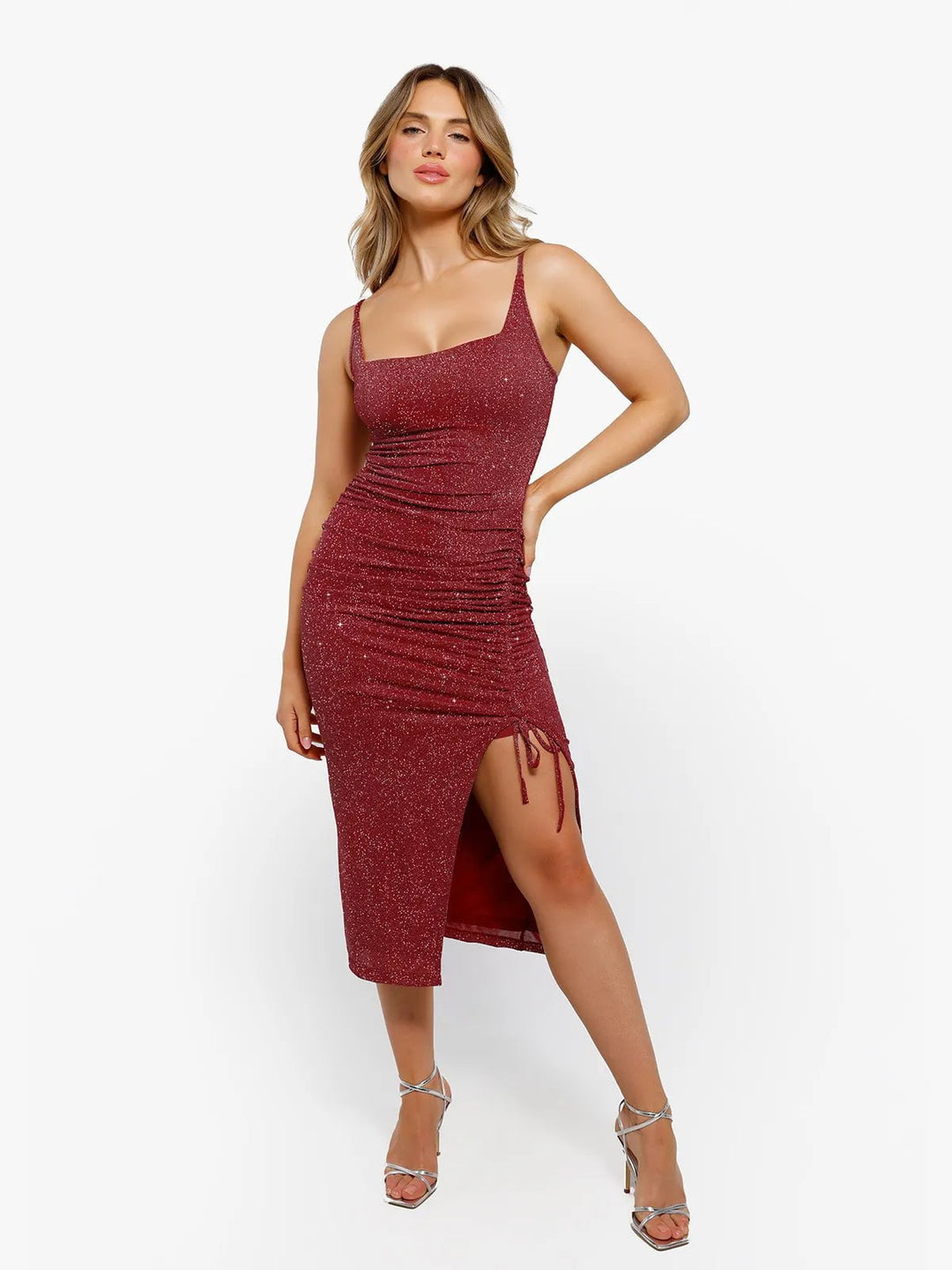 Popilush® Bodycon Party Cocktail Evening Gown Shine Shapewear Metallic Knit Bodycon Sculpting Slip Midi Dress