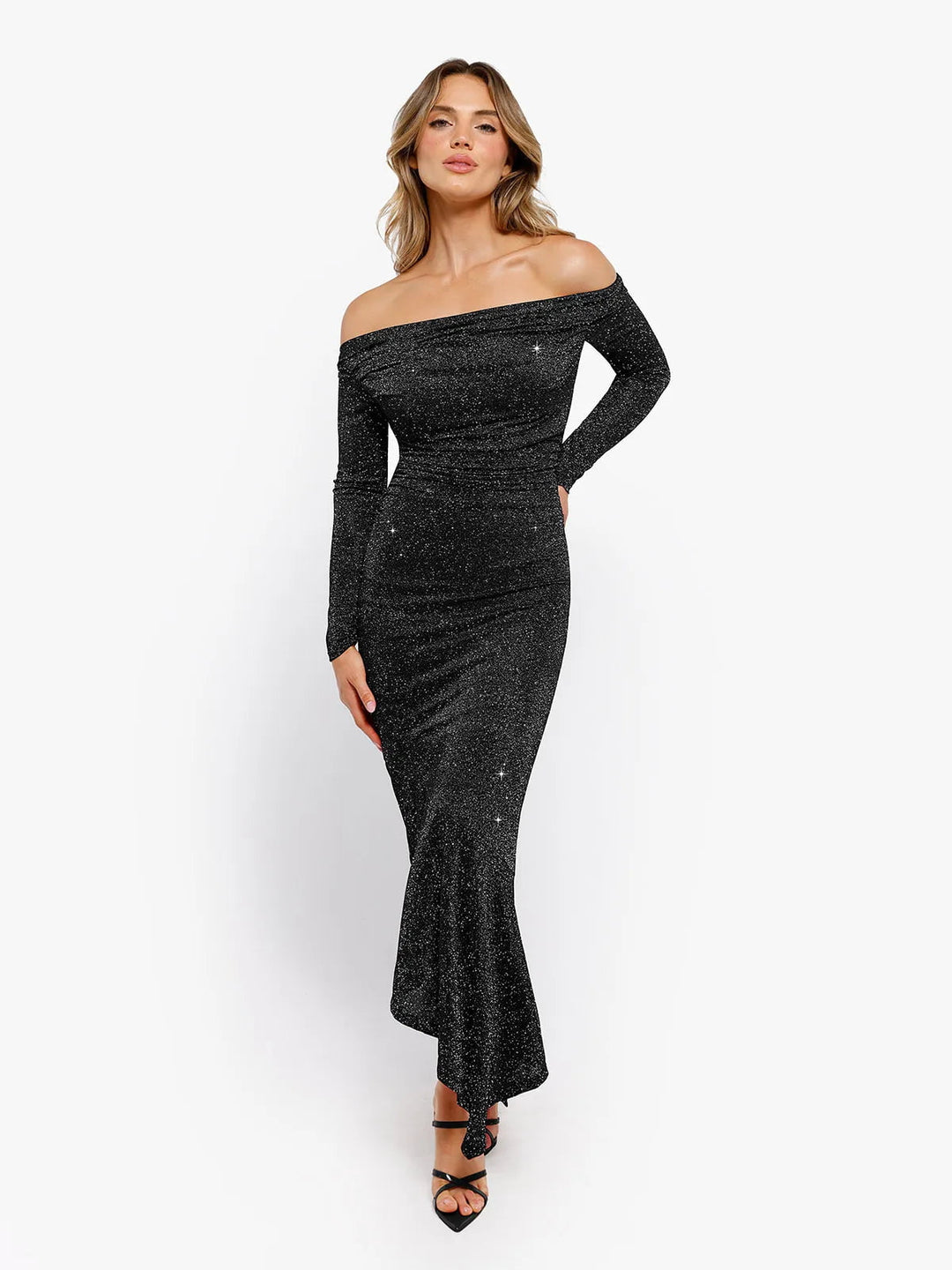 Popilush® Off Shoulder Bodycon Party Cocktail Evenign Gown Winter Shine Shapewear Metallic Knit Long Sleeve Slim Mermaid Maxi Dress