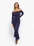 Popilush® Off Shoulder Bodycon Party Cocktail Evenign Gown Winter Shine Shapewear Metallic Knit Long Sleeve Slim Mermaid Maxi Dress