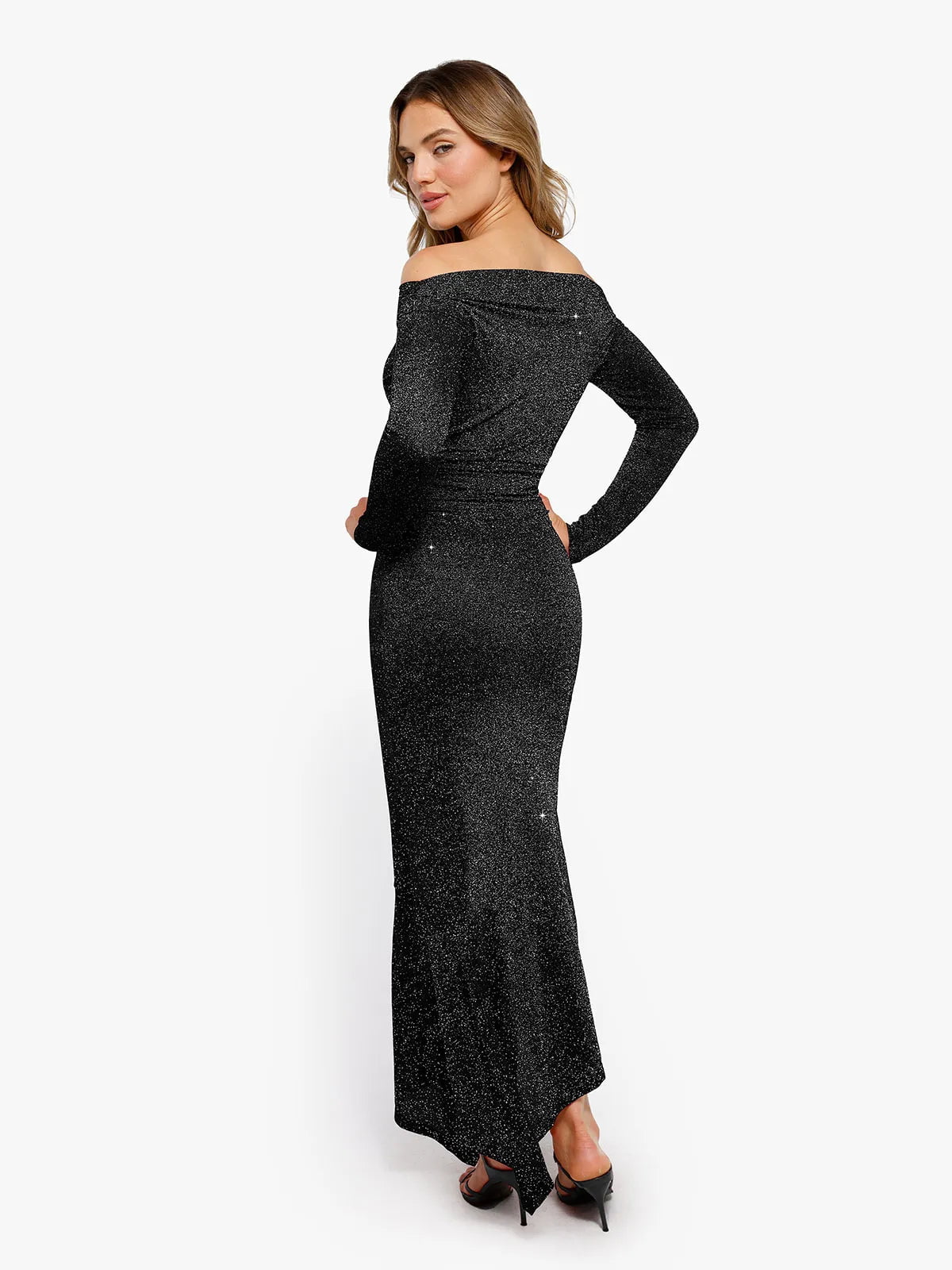 Popilush® Off Shoulder Bodycon Party Cocktail Evenign Gown Winter Shine Shapewear Metallic Knit Long Sleeve Slim Mermaid Maxi Dress