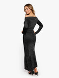 Popilush® Off Shoulder Bodycon Party Cocktail Evenign Gown Winter Shine Shapewear Metallic Knit Long Sleeve Slim Mermaid Maxi Dress