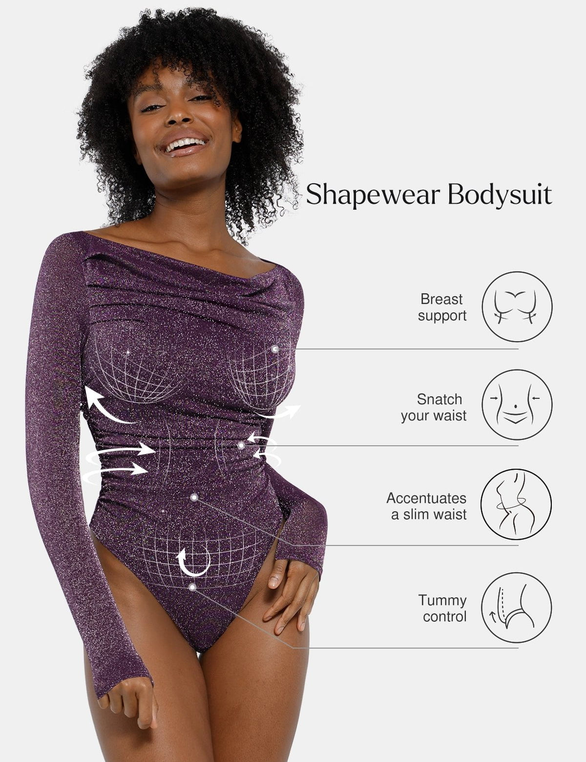 Popilush® Off Shoulder Shine Tops Body Shaper Winter Shapewear Metallic Knit Long Sleeve Slimming Bodysuit