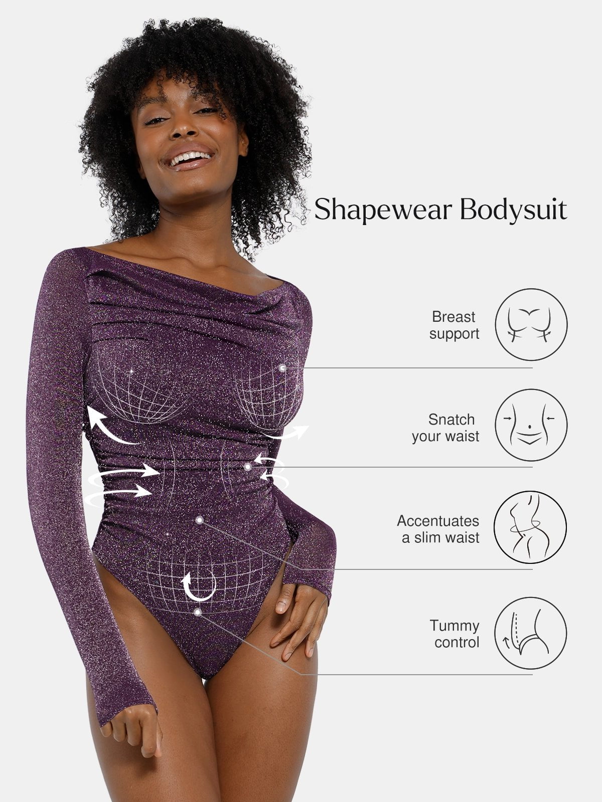 Popilush® Off Shoulder Shine Tops Body Shaper Winter Shapewear Metallic Knit Long Sleeve Slimming Bodysuit