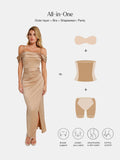 Popilush® Bodycon Party Cocktail Evening Gown Shapewear Off Shoulder Shine Ruched Sculpting Maxi Dress