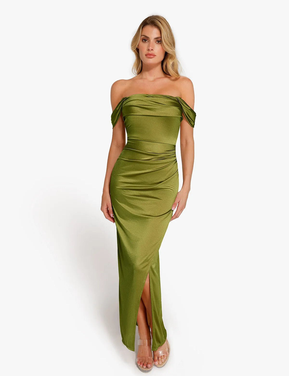  XS Shapewear Off Shoulder Shine Ruched Sculpting Maxi Dress