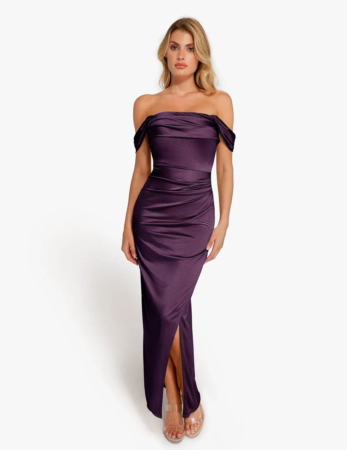  XS Shapewear Off Shoulder Shine Ruched Sculpting Maxi Dress