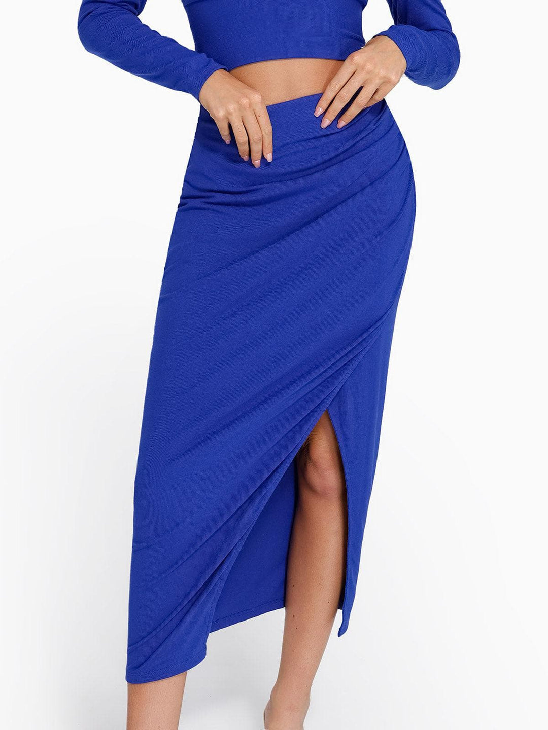 Popilush® Office Work Knee Length Pencil Skirts Blue / XS Shapewear Rib Modal Built In Sculpting Midi Wrap Skirt