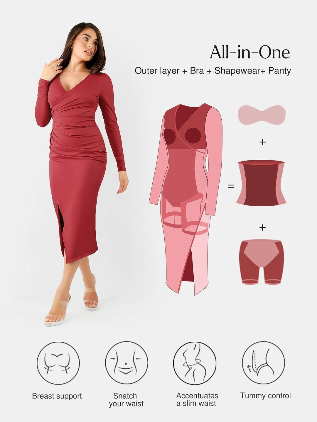 Popilush® Formal Bodycon Party Winter Dress Shapewear Ruched Long Sleeve Faux Wrap Slimming Midi Dress