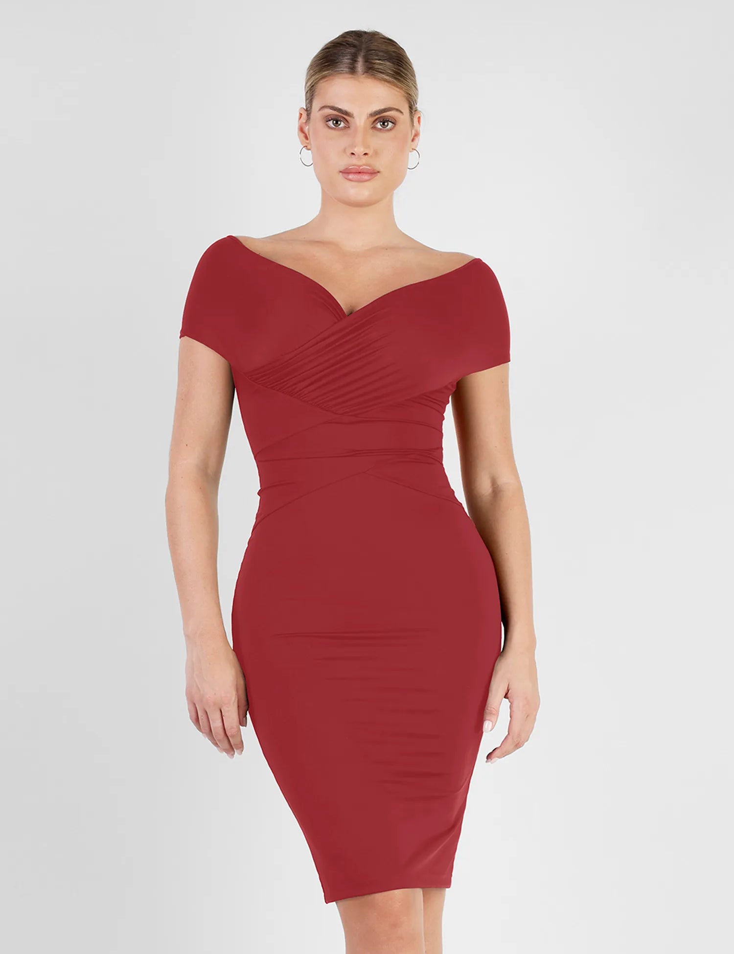  S Shapewear Ruched Off-Shoulder Sculpting Midi Dress