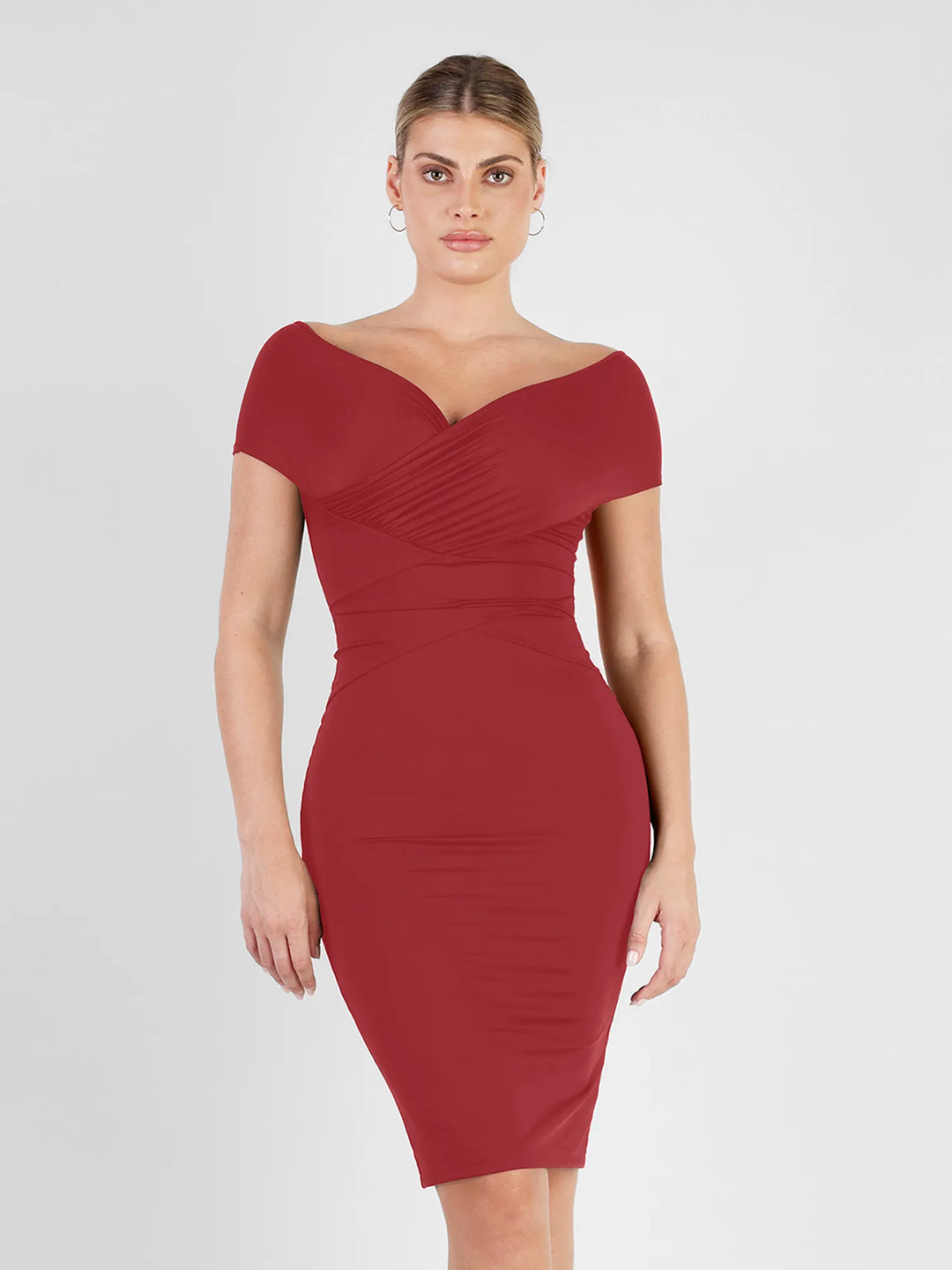 Popilush® Formal Bodycon Party Summer Dress Red / S Shapewear Ruched Off-Shoulder Sculpting Midi Dress