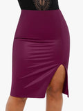 Popilush® Office Working Skirt Purple / S Shapewear Sculpting Faux Leather Front Slit Midi Skirt