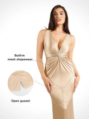 Popilush® Formal Bodycon Party Summer Dress Shapewear Shine Deep V-Neck Bias Twist Hourglass Maxi Dress