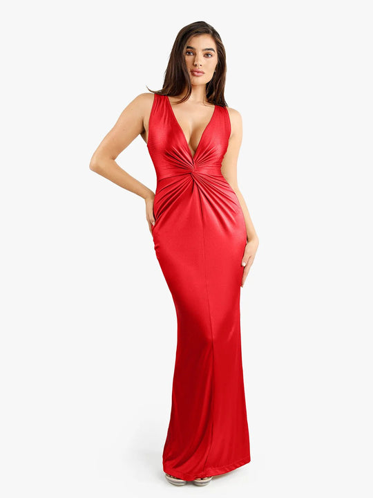 Popilush® Formal Bodycon Party Summer Dress Red / S Shapewear Shine Deep V-Neck Bias Twist Hourglass Maxi Dress