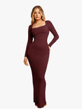 Popilush® Bodycon Party Cocktail Loungewear Winter Maroon red / XS Shapewear Square Neck Long Sleeve Slimming Modal Maxi Dress