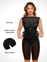 Popilush® Shapewear Two-in-One Heat-Set Crystal Mesh Slim Midi Dress