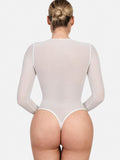 Popilush® Sexy Tops Body Shaper Winter Sheer Mesh Shapewear Long Sleeve Thong Bodysuit