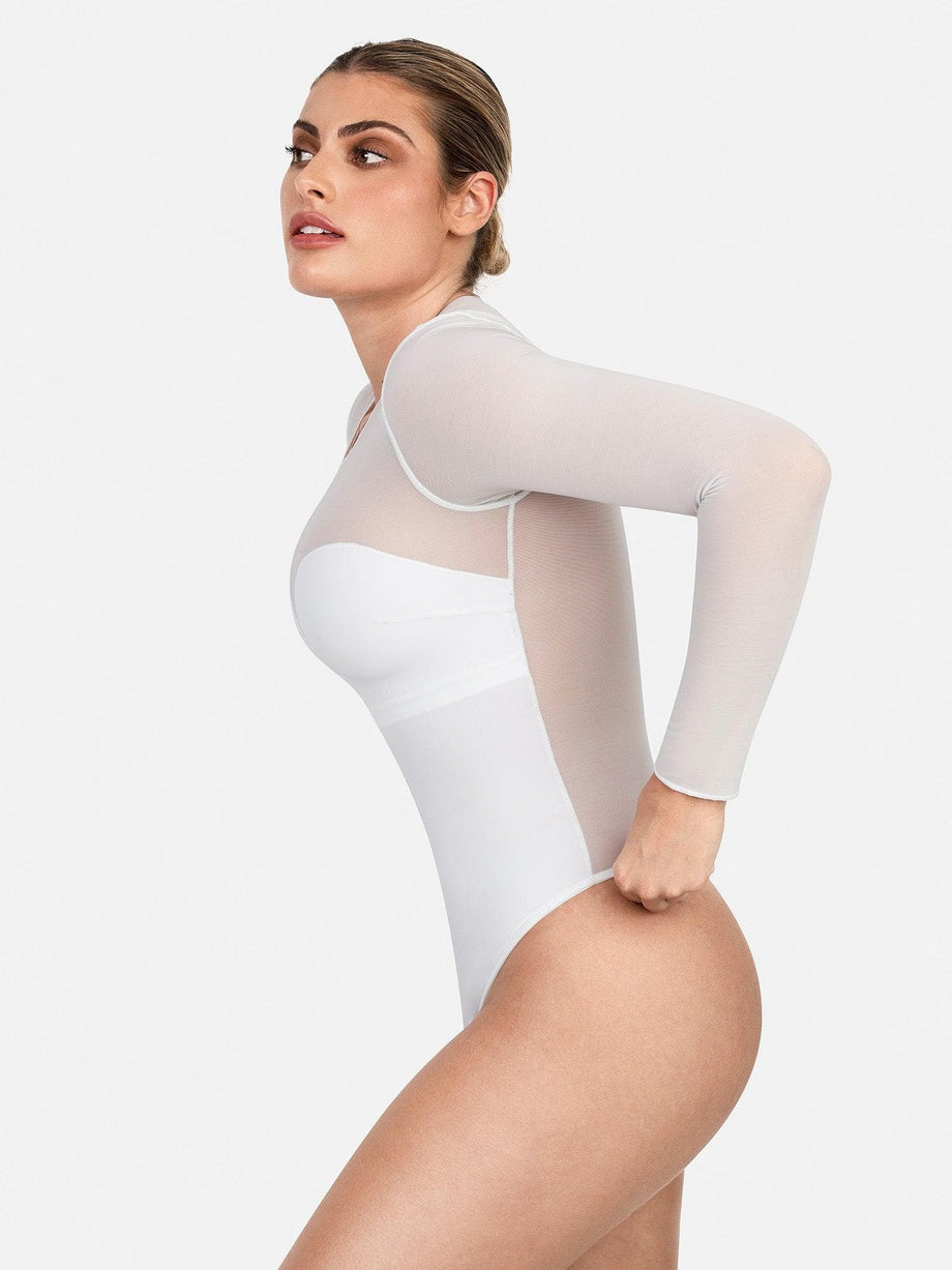 Ladies White T Shirt Womens Solid See Through Long Sleeve Seamless Arm  Shaper Top Mesh Shirt