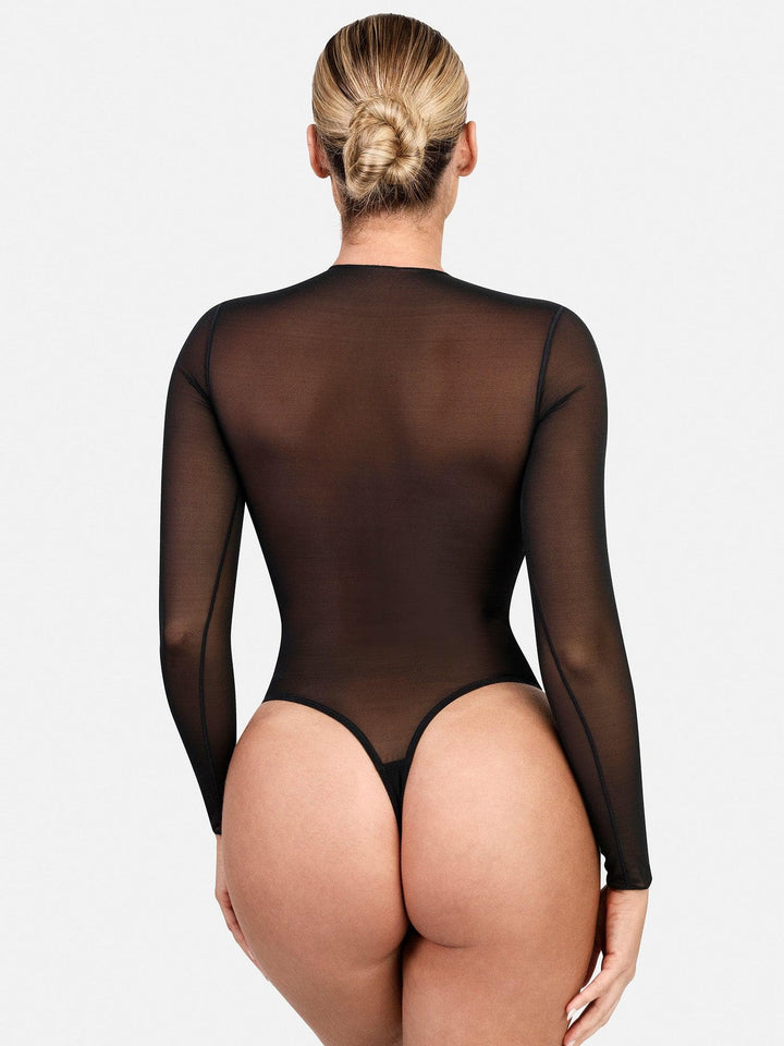 Popilush® Sexy Tops Body Shaper Winter Sheer Mesh Shapewear Long Sleeve Thong Bodysuit