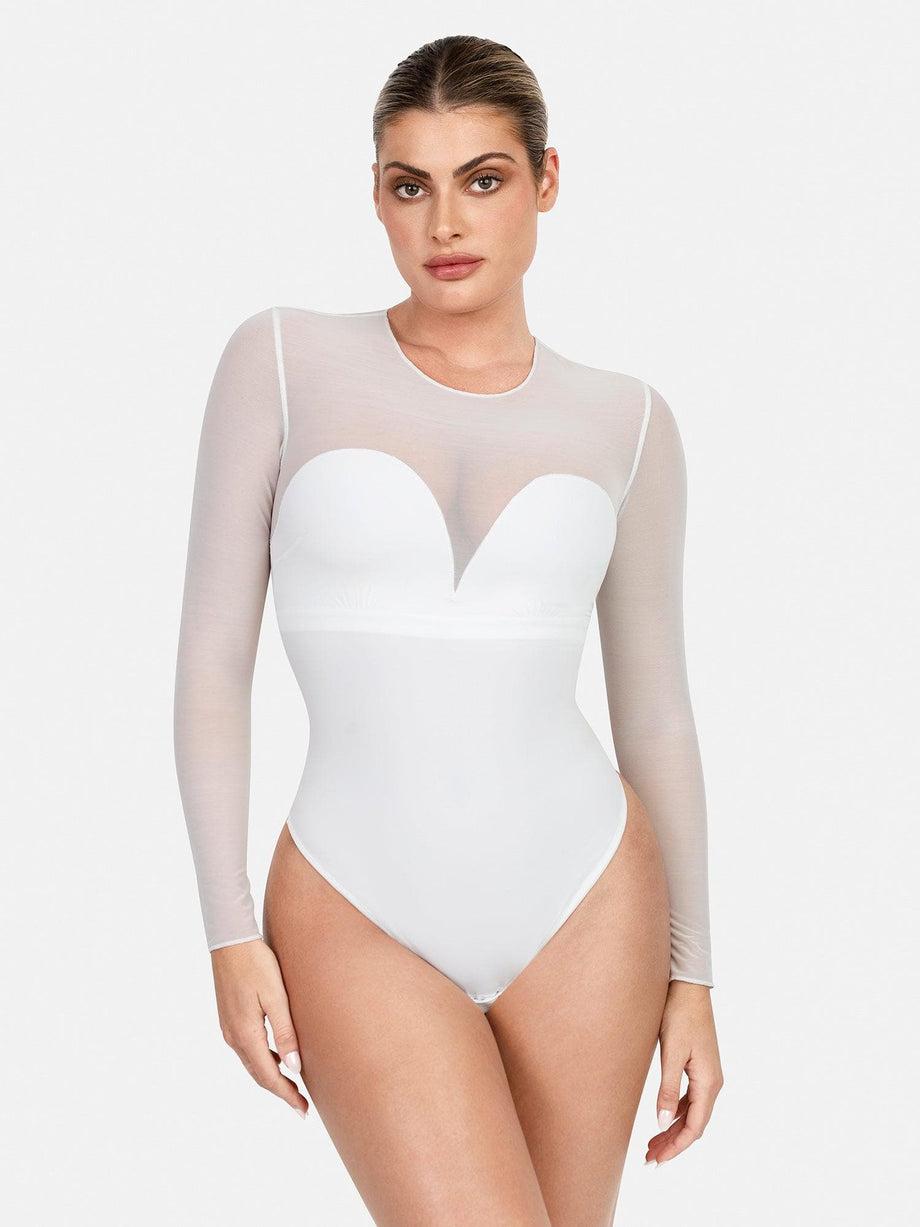 Seamless Long Sleeve Thong Bodysuit for Women White Tummy Control Shapewear  Top Shirts Body Shaper Round Neck Leotard : : Clothing, Shoes 