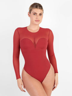 Popilush® Sexy Tops Body Shaper Winter Sheer Mesh Shapewear Long Sleeve Thong Bodysuit