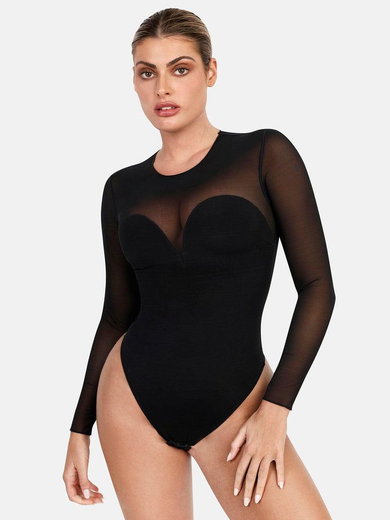 Long Sleeve Sexy Mesh See Through Thong Bodysuit For Women Cutout Crew Neck  Off Shoulder Leotard Patchwork Body Tops, Black, Medium : :  Fashion