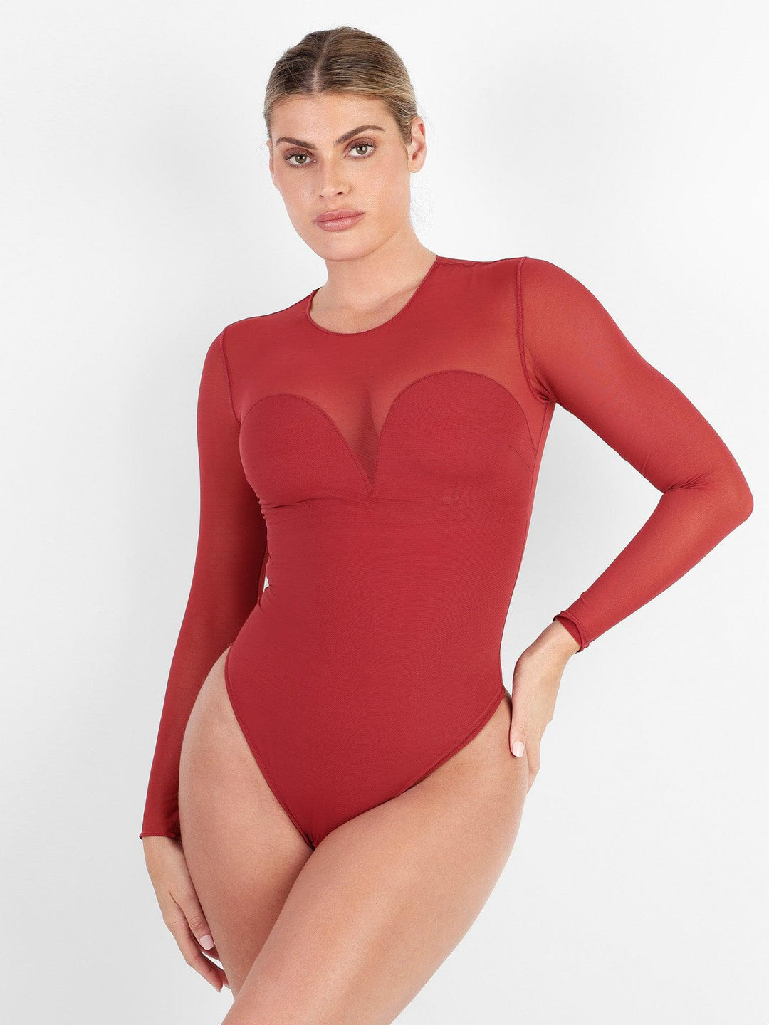 Popilush? Long Sleeve / Wine / S Sheer Mesh Shapewear Thong Bodysuits