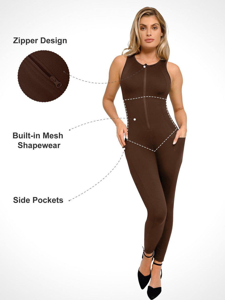Women One Piece Yoga Jumpsuits Bodysuit Zipper Front Unitard Catsuit  Shapewear