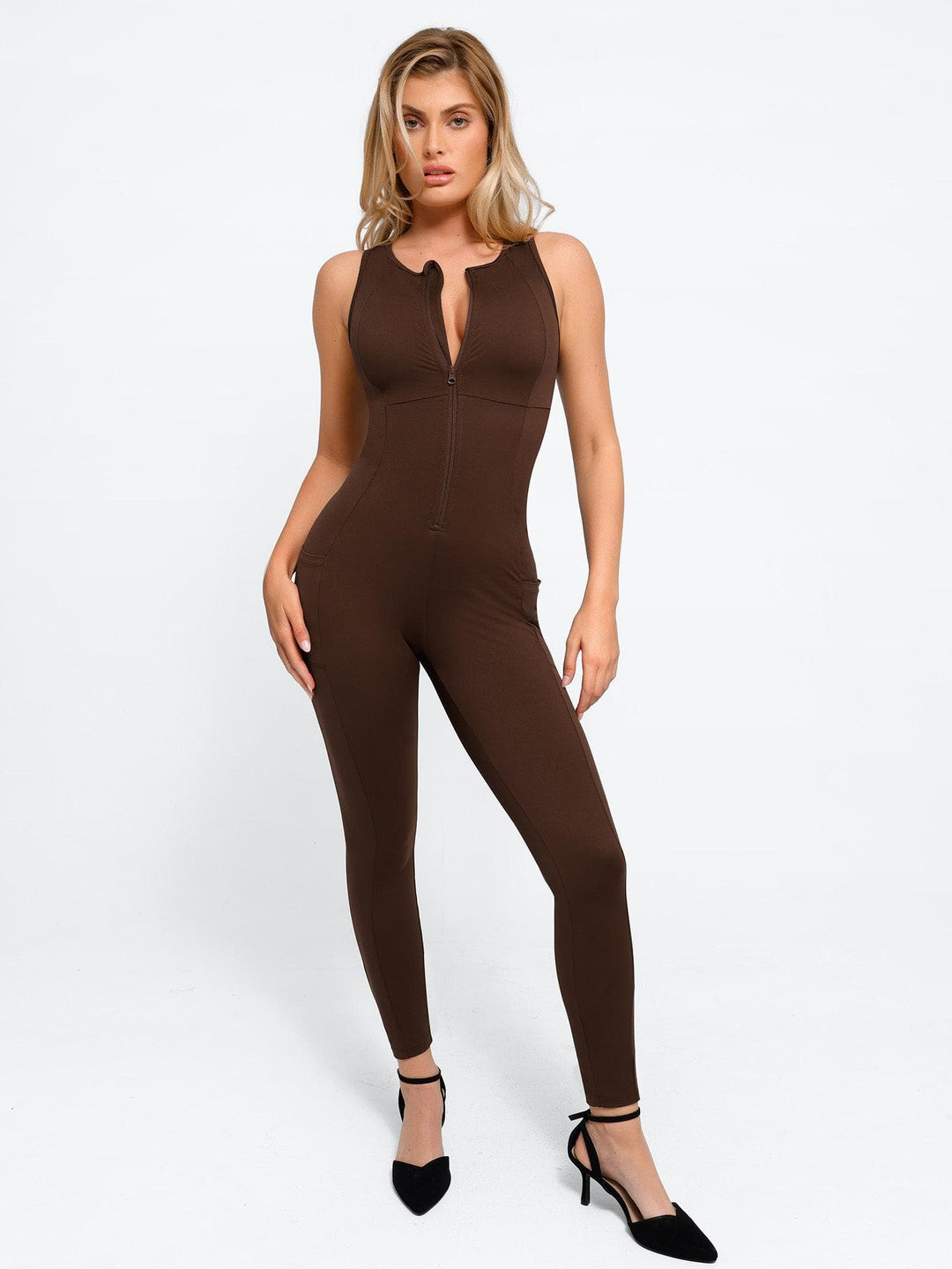 Popilush? Brown / XS Sleeveless Shapewear Zip Front Jumpsuit