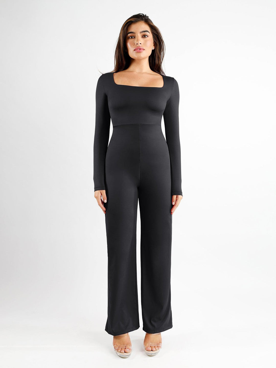 Popilush® Black / XS Square Neck Wide-Leg Long Sleeve Shapewear Jumpsuit