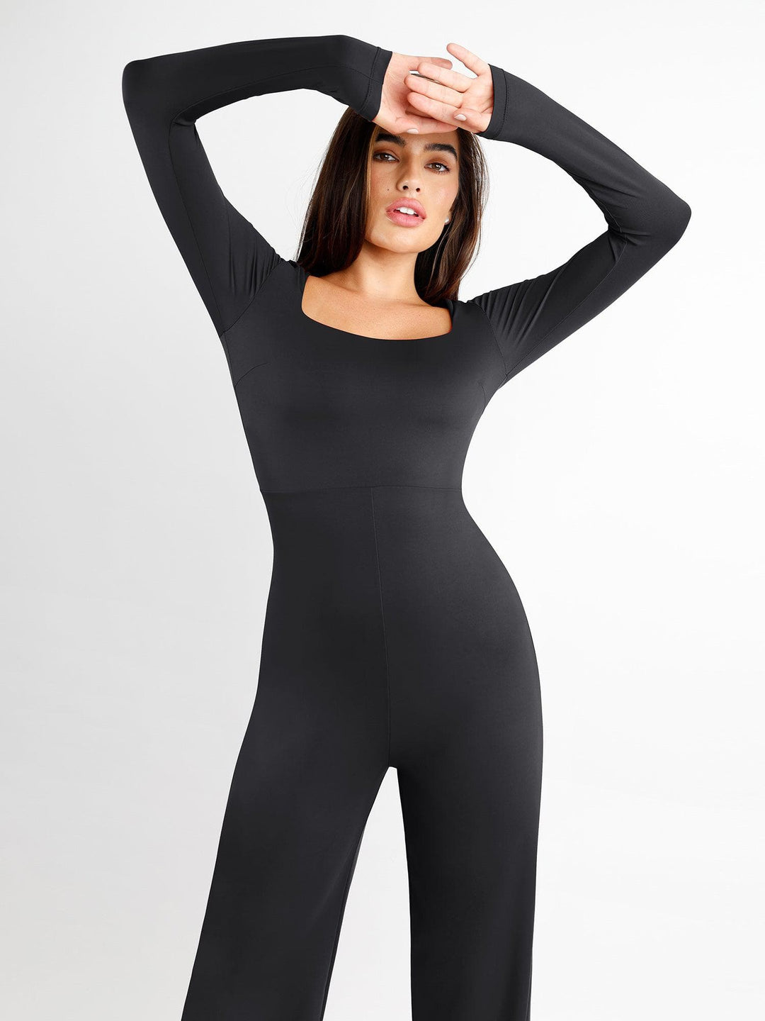 Popilush® Square Neck Wide-Leg Long Sleeve Shapewear Jumpsuit