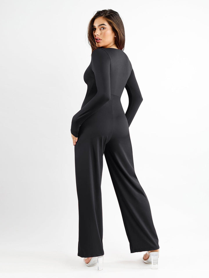 Popilush® Square Neck Wide-Leg Long Sleeve Shapewear Jumpsuit