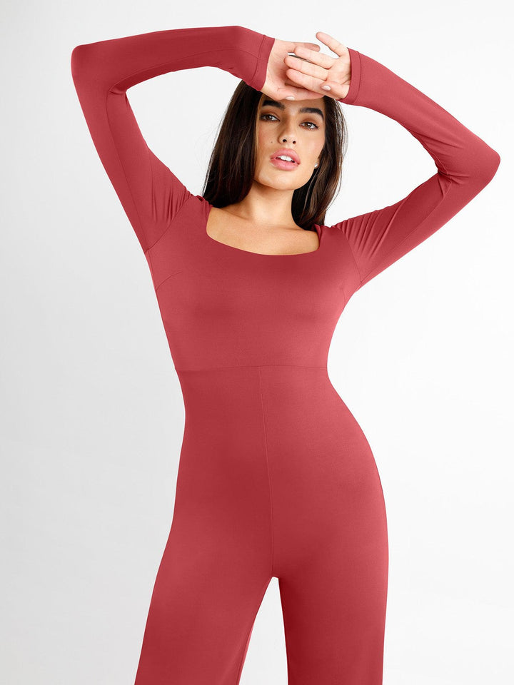 Popilush® Casual Jumpsuit Square Neck Wide-Leg Long Sleeve Shapewear Jumpsuit