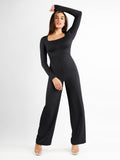 Popilush® Square Neck Wide-Leg Long Sleeve Shapewear Jumpsuit