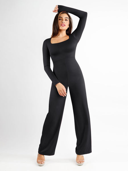 Posijego Womens Long Sleeve Wide Leg Jumpsuit Fashion Back Zip Up Business  Casual One-Piece Outfit 