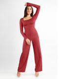 Popilush® Casual Jumpsuit Wine / XS Square Neck Wide-Leg Long Sleeve Shapewear Jumpsuit