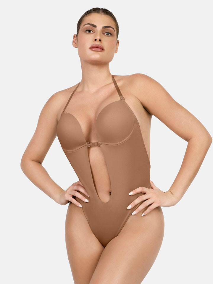 Popilush Shapewear for Low Back Dress Camel / S Strapless U Plunge Thong Bodysuit Backless Bra