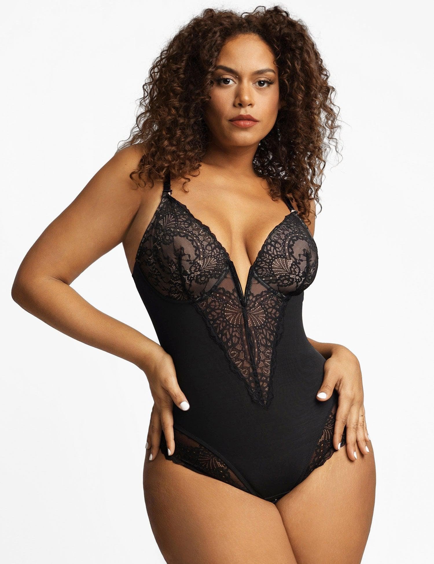 Popilush® Tops Body Shaper Jumpsuit The Shapewear Bodysuit Deep-V Neck Lace Thong