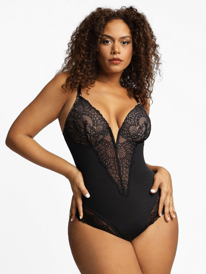 Popilush® Tops Body Shaper Jumpsuit The Shapewear Bodysuit Deep-V Neck Lace Thong